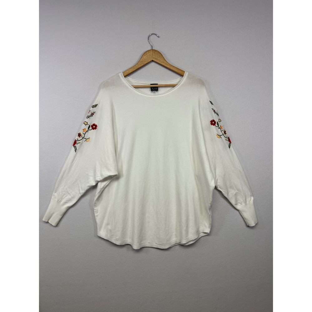 Boho Cottagecore Aaeda Womens 1X White Floral Embroidered Dolman Sleeve Sweater